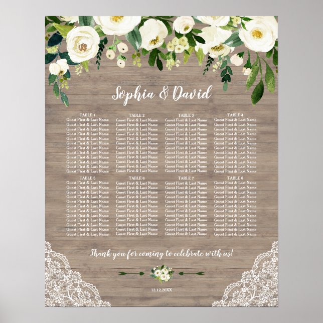 White Flowers Lace Wood Wedding Seating Chart (Front)
