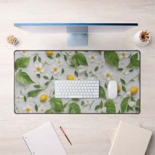 White Flowers Lemons Green Leaves Pattern on White Desk Mat