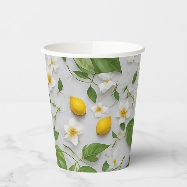 White Flowers Lemons Green Leaves Pattern on White Paper Cups (Left)