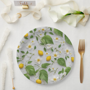 White Flowers Lemons Green Leaves Pattern on White Paper Plate