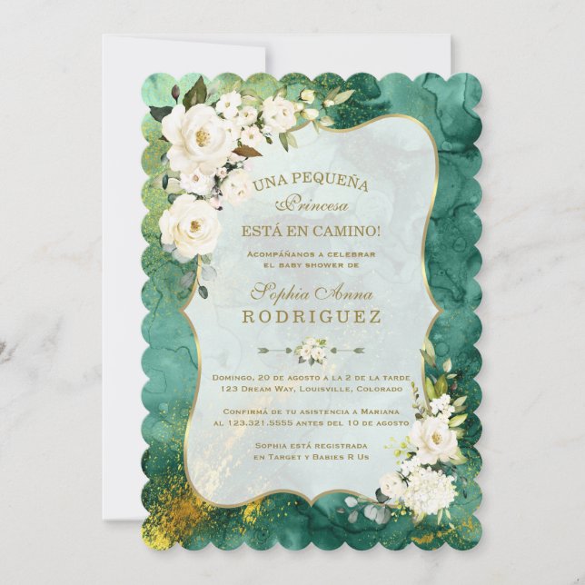 White Flowers Malachite Gold Spanish Baby Shower Invitation (Front)