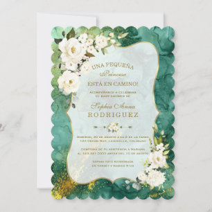 White Flowers Malachite Gold Spanish Baby Shower Invitation