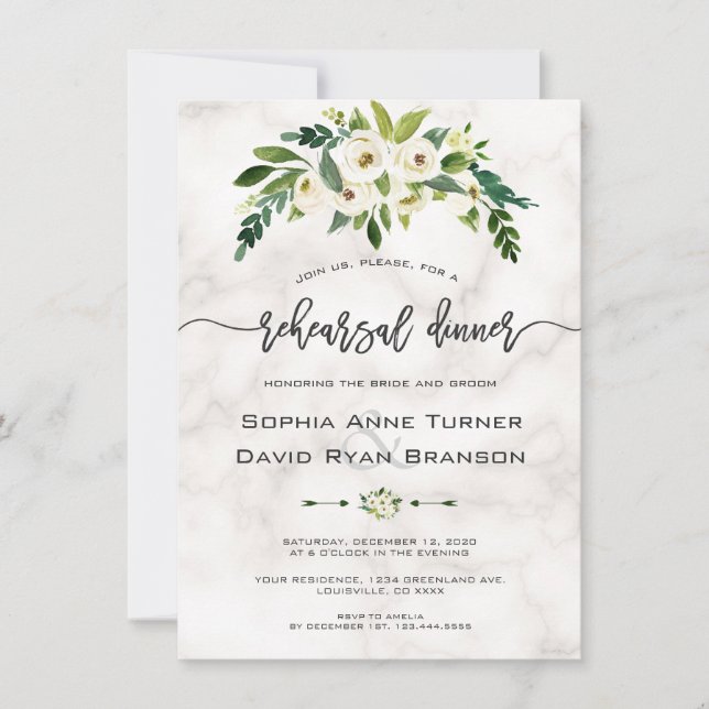 White Flowers Marble Handwriting Rehearsal Dinner Invitation (Front)