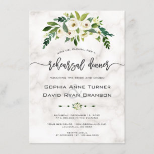 White Flowers Marble Handwriting Rehearsal Dinner Invitation