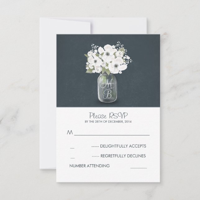white flowers mason jar rustic wedding RSVP cards (Front)