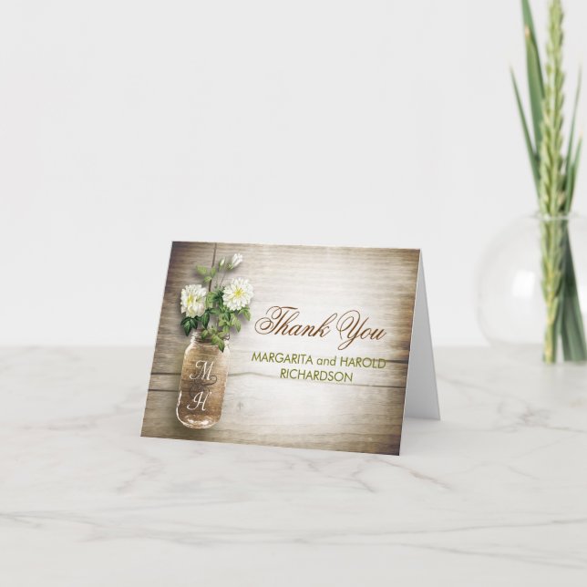 White flowers mason jar wedding thank you cards (Front)