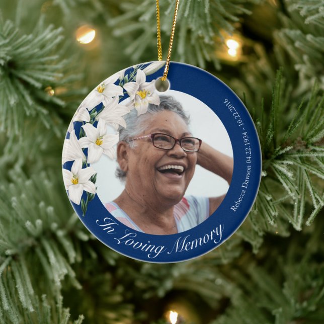 White Flowers Memorial Blue Custom Photo Christmas Ceramic Tree Decoration (Tree)