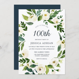 White Flowers Modern 100th Birthday Party Invite