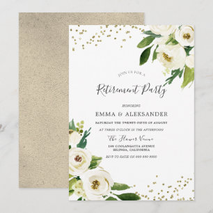 White Flowers Modern Gold Retirement Party Invite