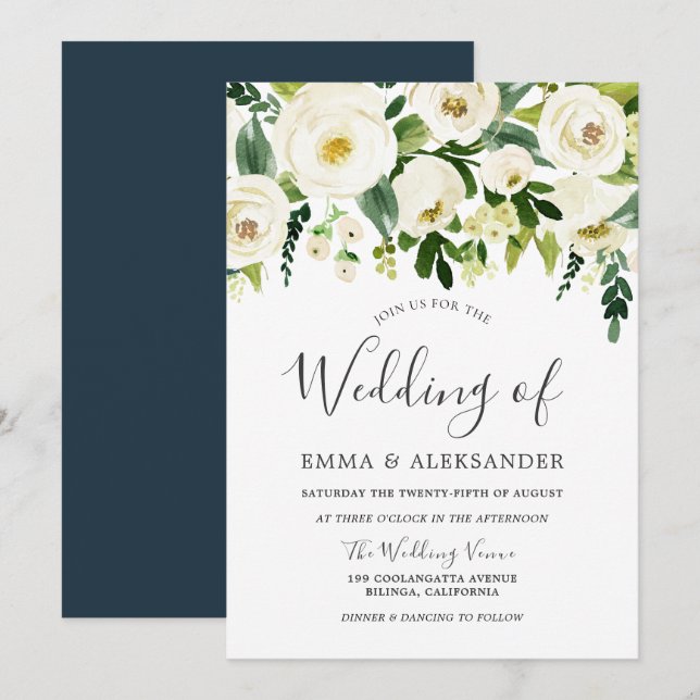 White Flowers Modern Wedding Invitation (Front/Back)