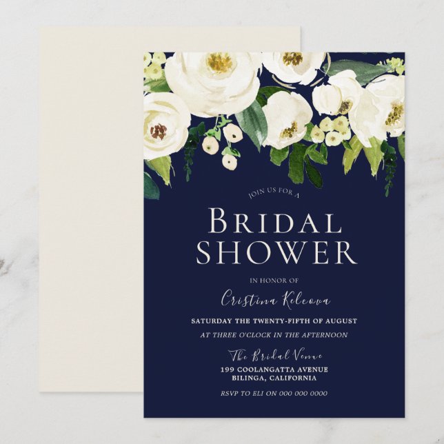 White Flowers & Navy Elegant Bridal Shower Invitation (Front/Back)