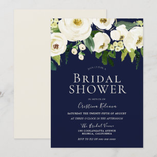 White Flowers & Navy Elegant Bridal Shower Invitation