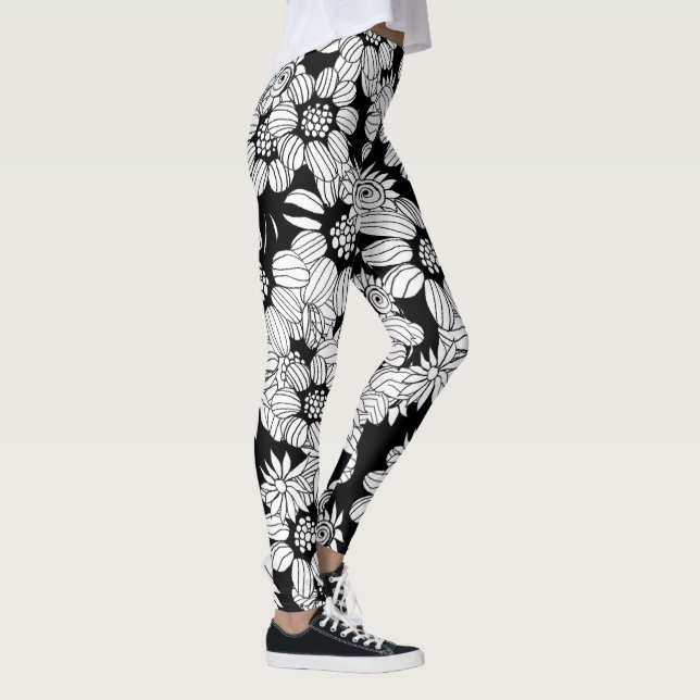 White flowers on a black background leggings (Right)