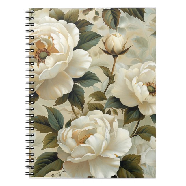 White flowers on a cream background.  notebook (Front)