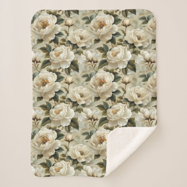 White flowers on a cream background.  sherpa blanket (Front)