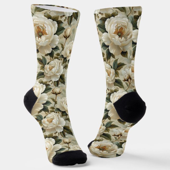 White flowers on a cream background.  socks (Angled)