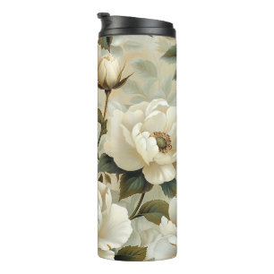 White flowers on a cream background. thermal tumbler