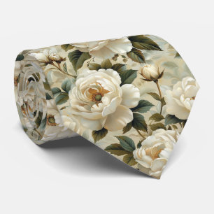 White flowers on a cream background.  tie