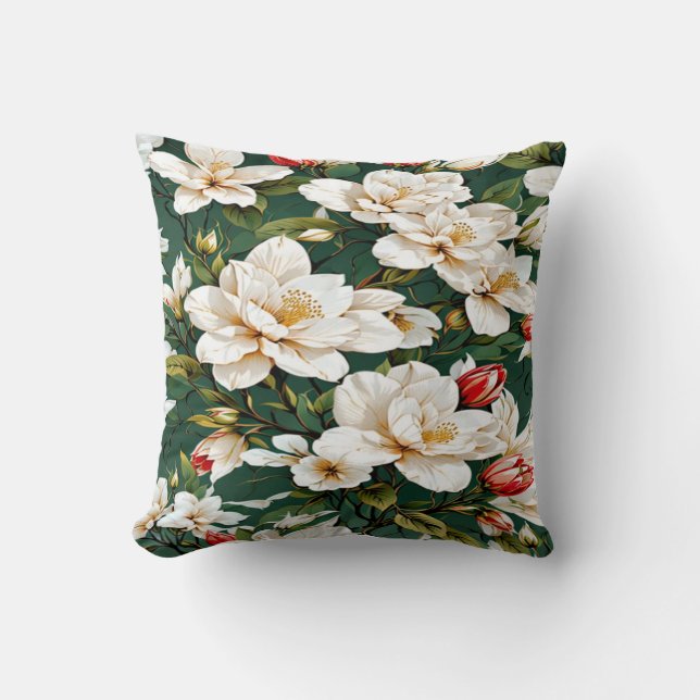 White flowers on a green pattern cushion (Front)