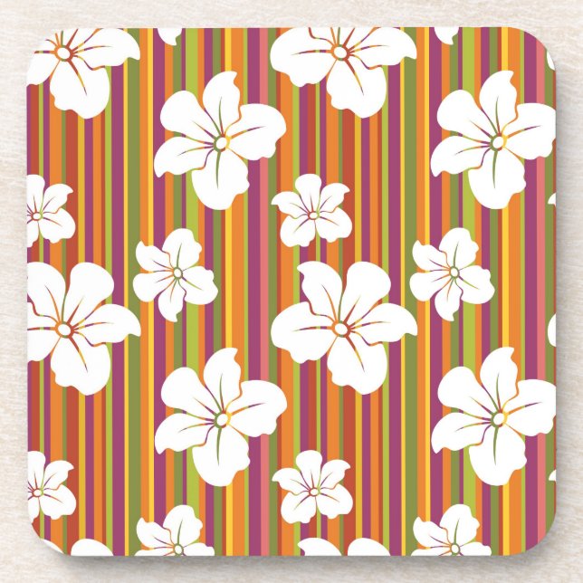 White flowers on a striped background coaster (Front)