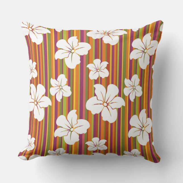 White flowers on a striped background cushion (Front)