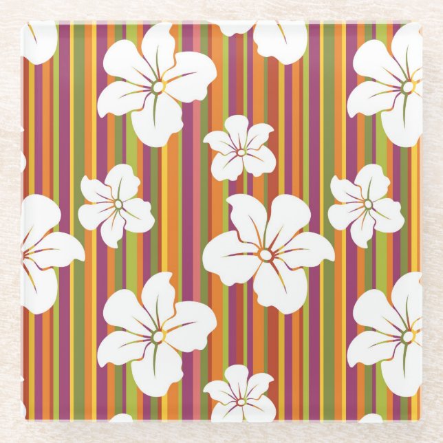 White flowers on a striped background glass coaster (Front)