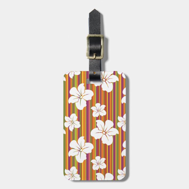 White flowers on a striped background luggage tag (Front Vertical)