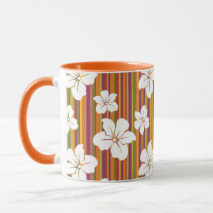 White flowers on a striped background mug