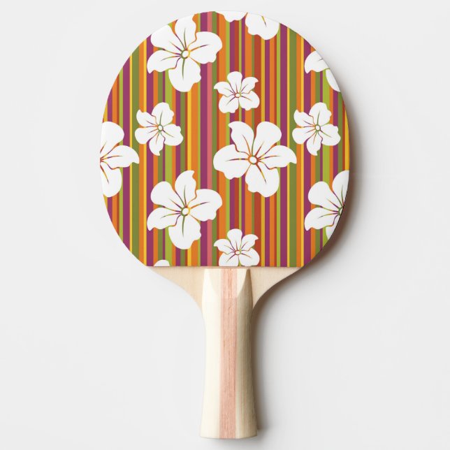 White flowers on a striped background ping pong paddle (Front)