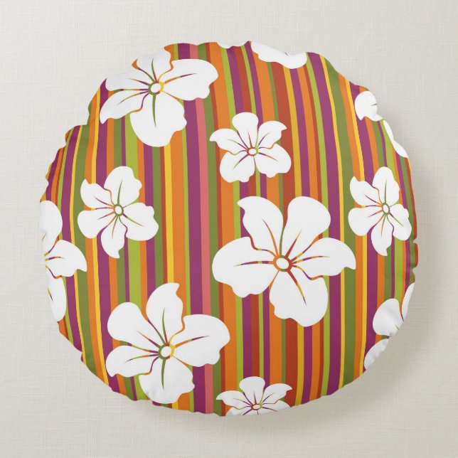 White flowers on a striped background round cushion (Front)