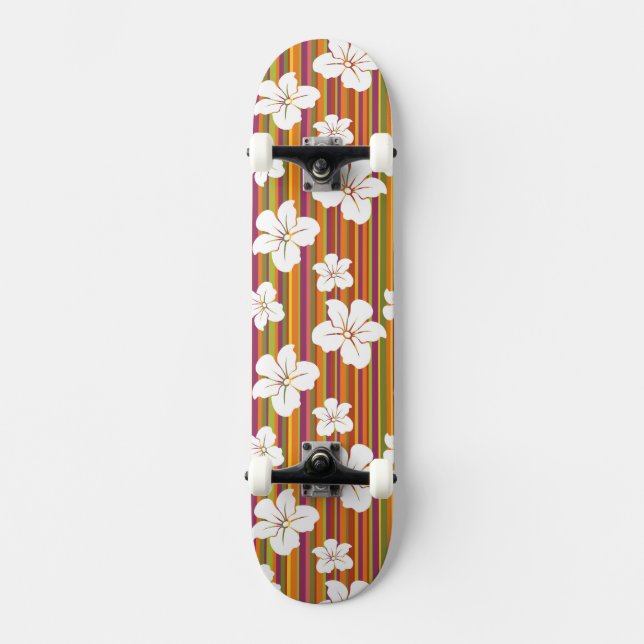 White flowers on a striped background skateboard (Front)