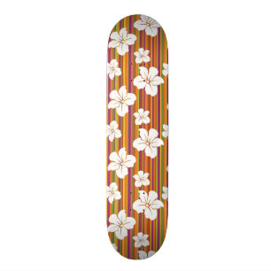 White flowers on a striped background skateboard