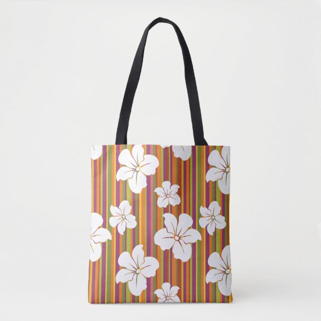 White flowers on a striped background tote bag (Front)