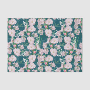 White Flowers on a Teal Background Floral Pattern Tissue Paper