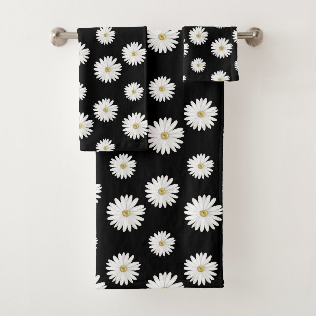 White Flowers on Black Bath Towel Set (Insitu)