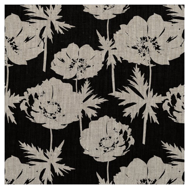 White flowers on black. fabric (Swatch)