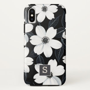 White flowers on Black Monogram Elegant  iPhone X Case