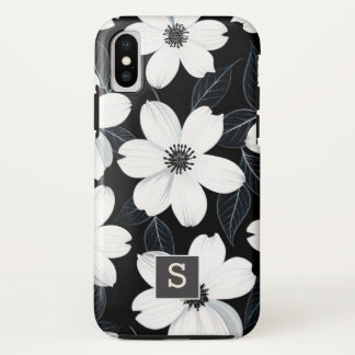 White flowers on Black Monogram Elegant  iPhone X Case
