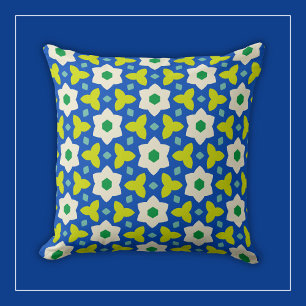 White Flowers on Blue and Green Geometric Floral Cushion