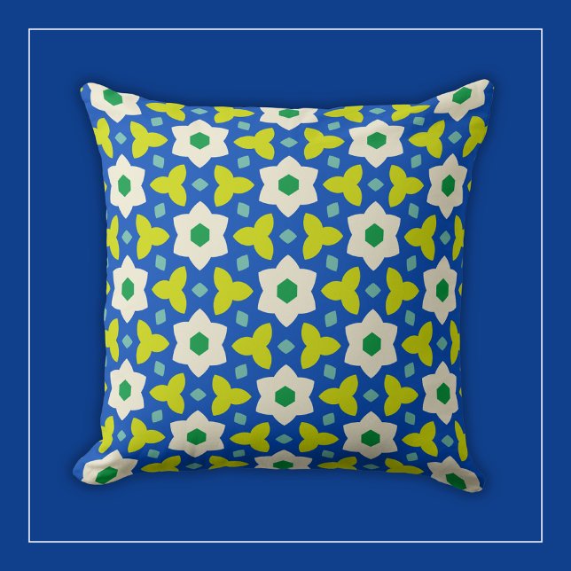 White Flowers on Blue and Green Geometric Floral Cushion (Creator Uploaded)