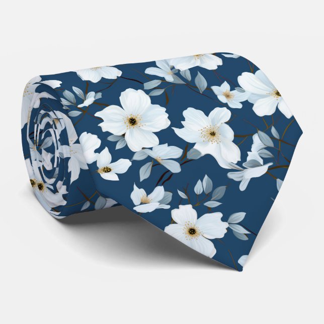 White Flowers On Blue Background Floral Wedding Tie (Rolled)