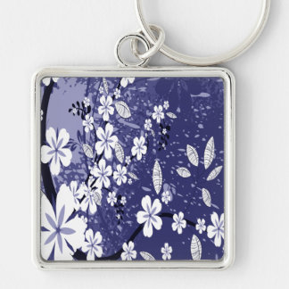 White Flowers on Blue Grunge Key Ring