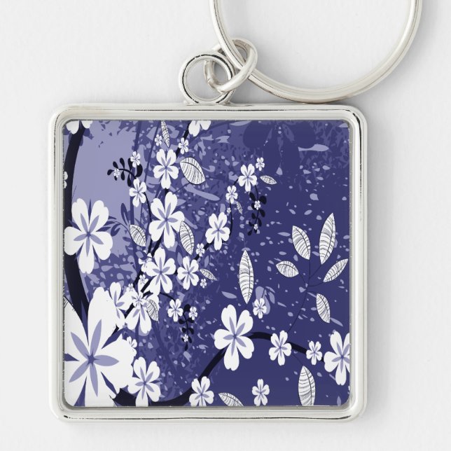 White Flowers on Blue Grunge Key Ring (Front)