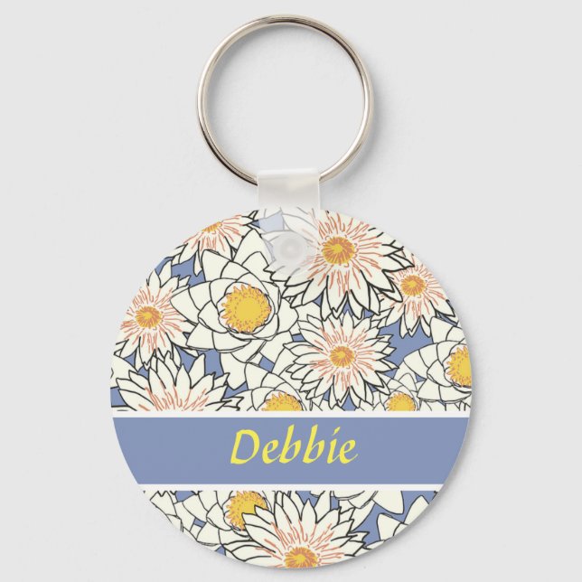 White flowers on blue key ring (Front)