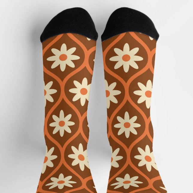 White Flowers on Brown Vintage Ogee Pattern  Socks (Top)