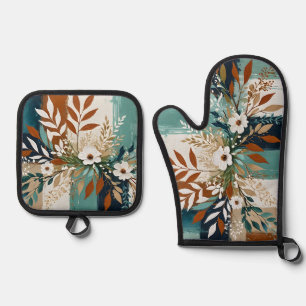 White flowers on colourful abstract background II Oven Mitt & Pot Holder Set