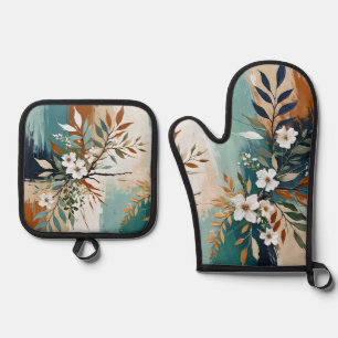 White flowers on colourful abstract background oven mitt & pot holder set