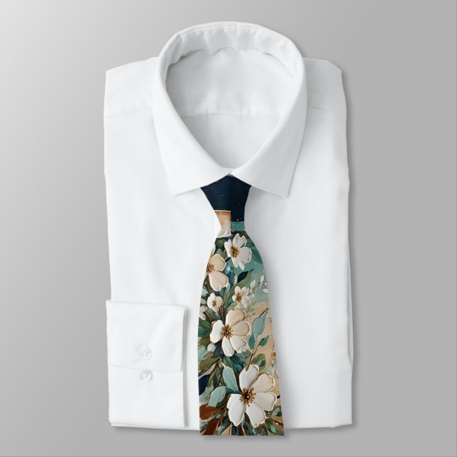 White flowers on colourful abstract background tie (Tied)