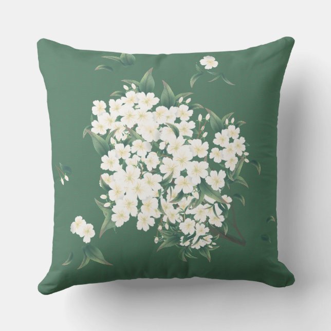 White Flowers on Dark Green Chinoiserie Pattern Cushion (Back)