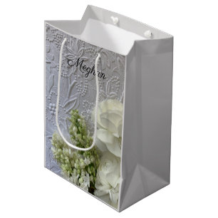 White flowers on embossed background medium gift bag